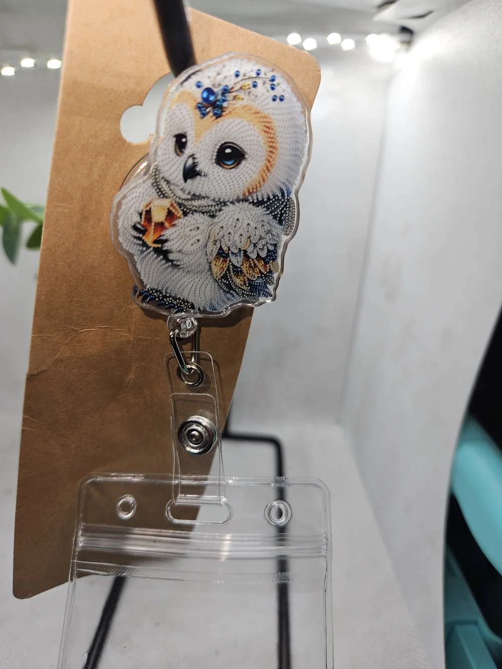 White & Gold Owl Card Holder Badge Reel